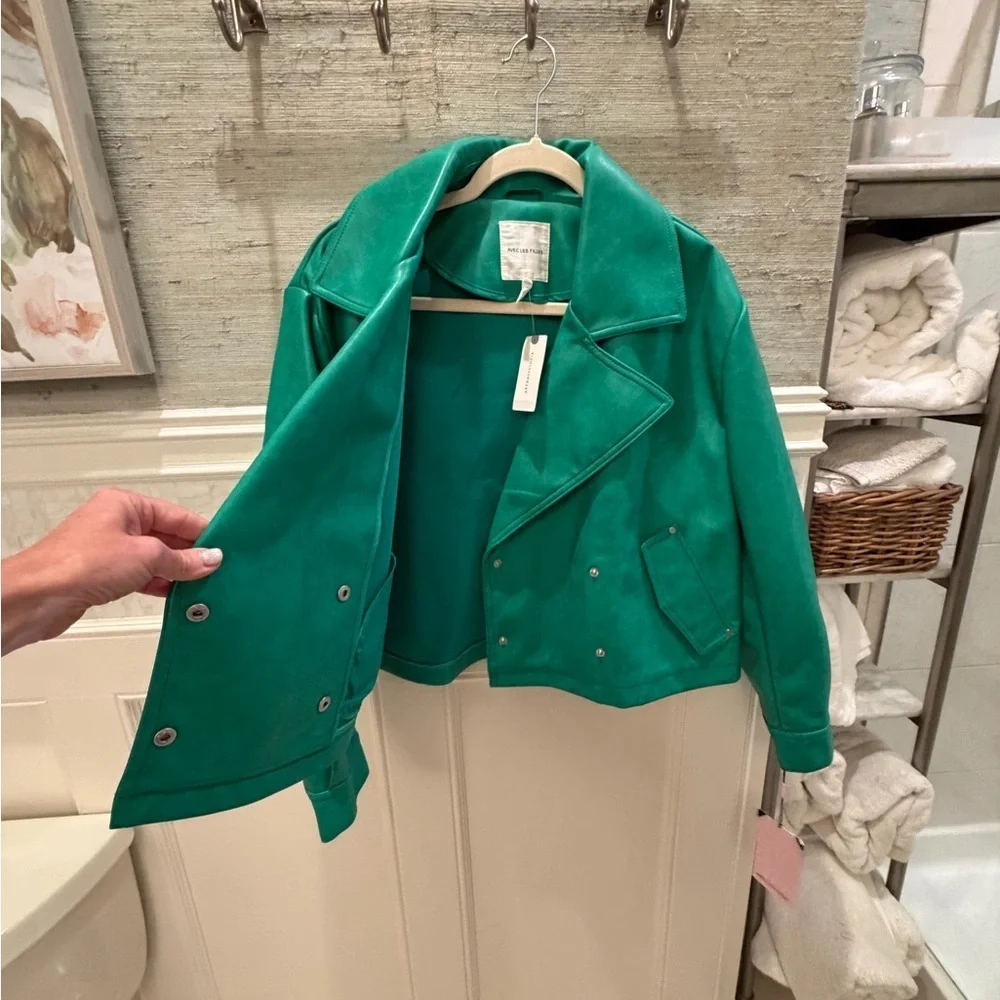 NWT new medium Anthropologie avec les fillies faux leather peacoat jacket green